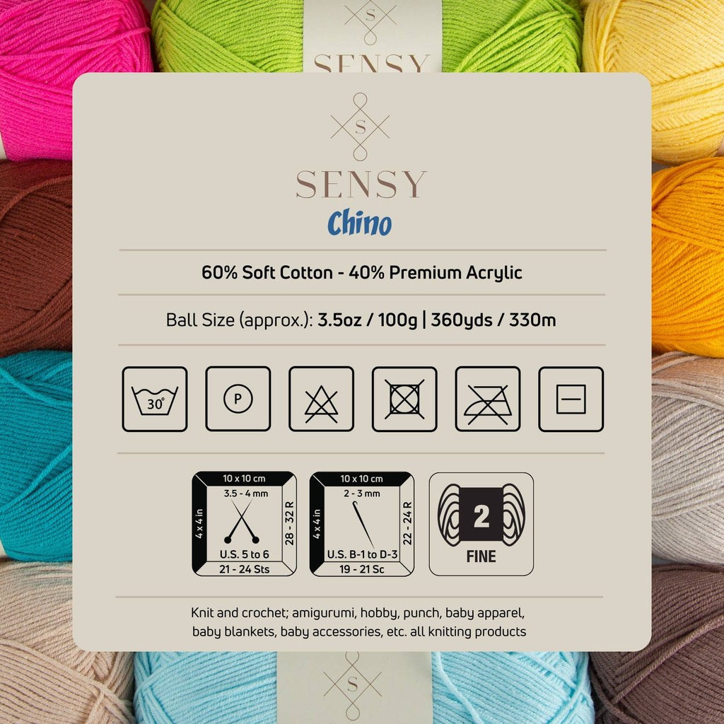 Sensy Chino Soft Cotton Yarn, 3.5 oz, 360 Yards, Gauge 2 Fin